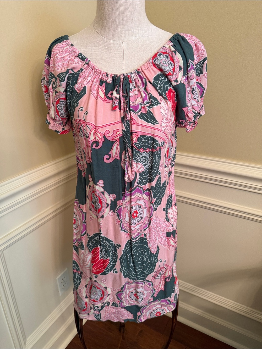Rainbow Jo  Pink and Teal Floral Mini Dress Drawstring Neckline Size Large